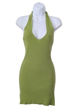 Lime Green Ribbed Knit Deep V-neck Halter Mini Dress